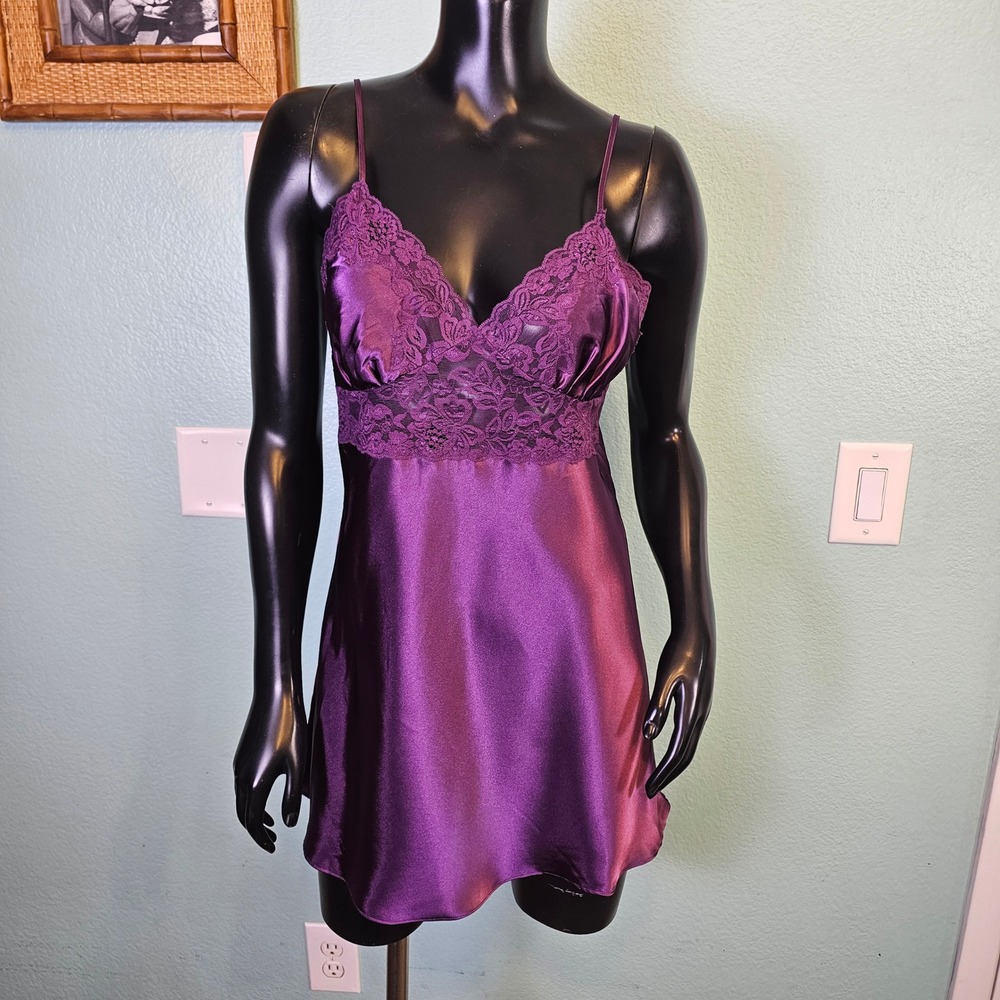 Fredericks of Hollywood Purple Satin Lace Trim‎ Chemise Slip Dress Womens Large